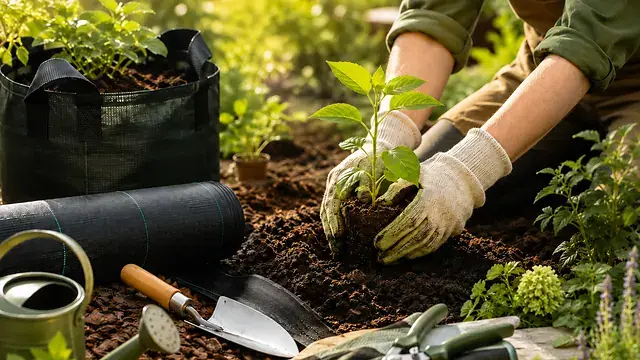 Junge Pflanze in Gartenvlies als Unterstützung bei der Anzucht