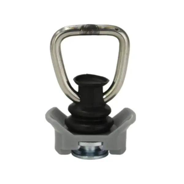 Zurrfitting anthrazit / grau in Triangelform mit Kunststoff ummantelt. Airlineschienen Fitting